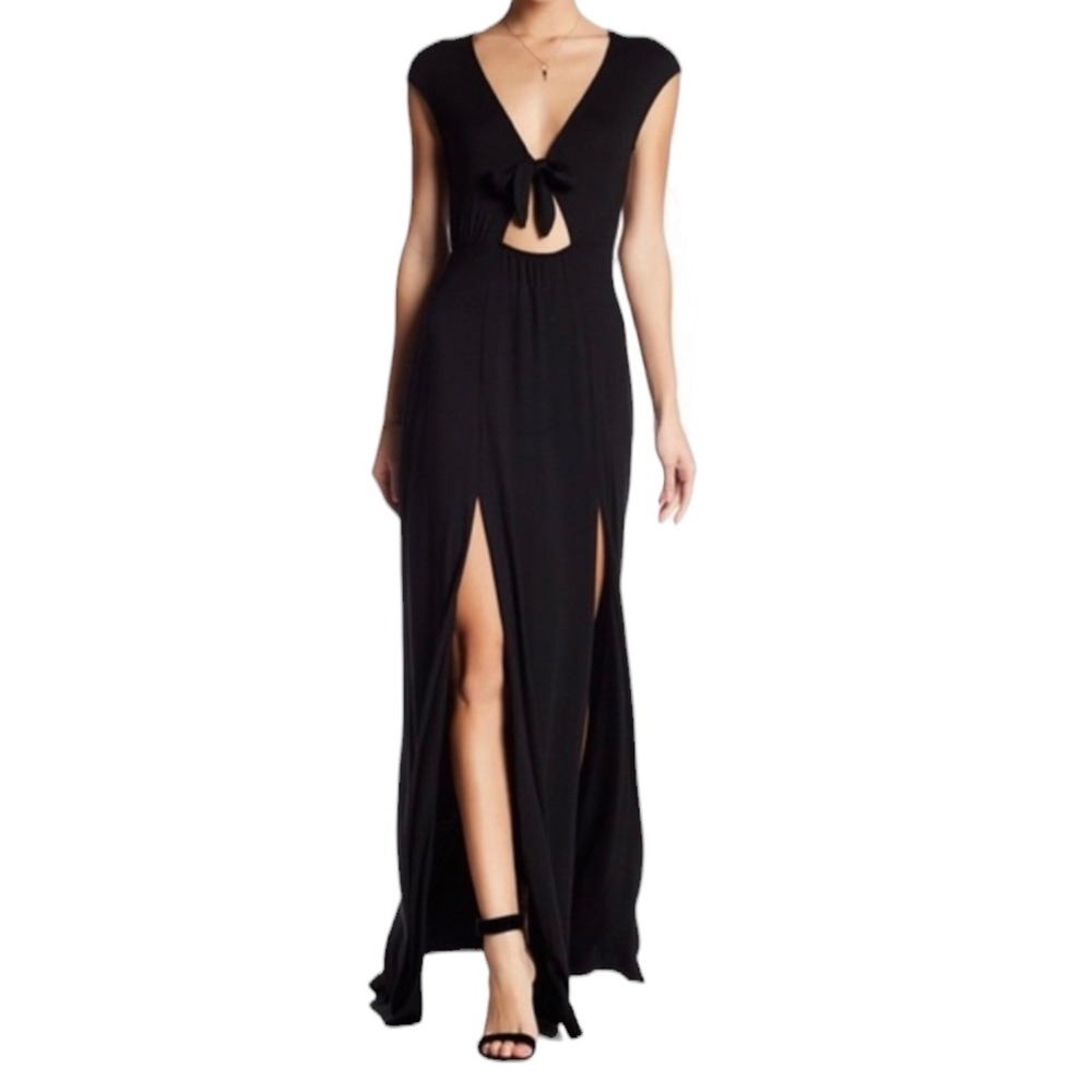 Rachel Pally Black Modal Cutout Double Slit V-Neck Maxi Dress Size M